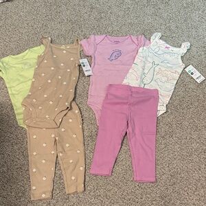 Carter’s irl 9 Month 3 Piece Baby Bodysuits and Leggings Set Bundle Pink Tan